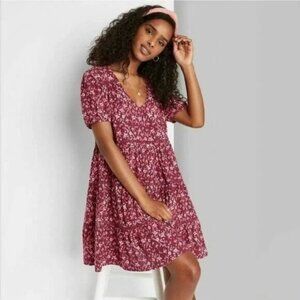 Wild Fable Burgundy Floral Crochet Trim Tiered Hem Grunge 90s Babydoll Dress